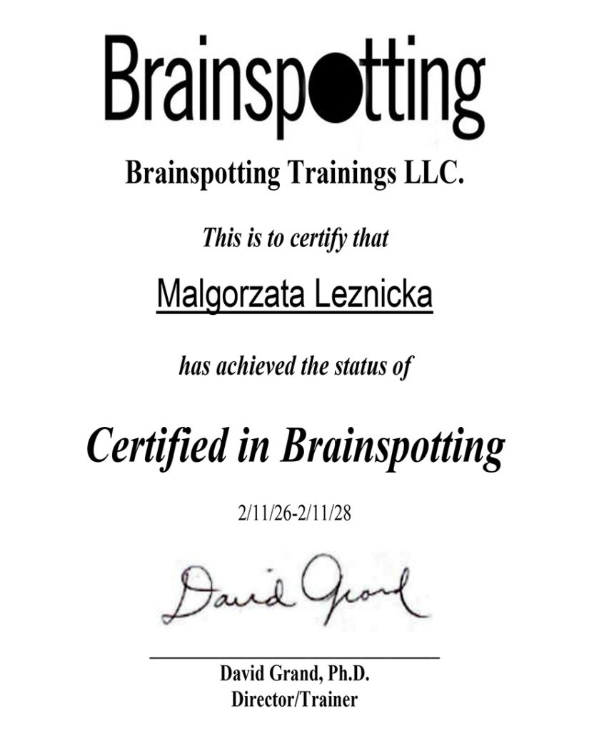 Certyfikat międzynarodowej certyfikacji Brainspotting – Małgorzata Leźnicka, Toruń